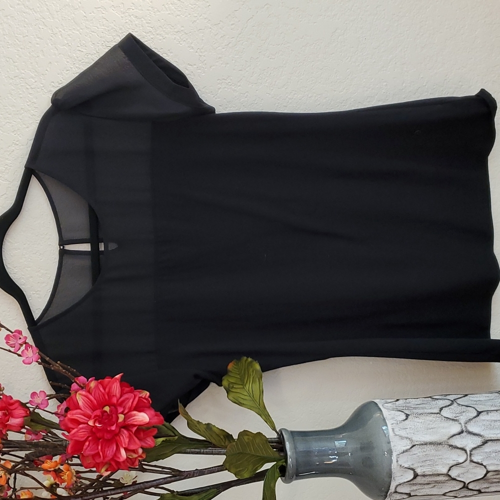 Express Women's Black Top with Mesh Sleeves and Accents